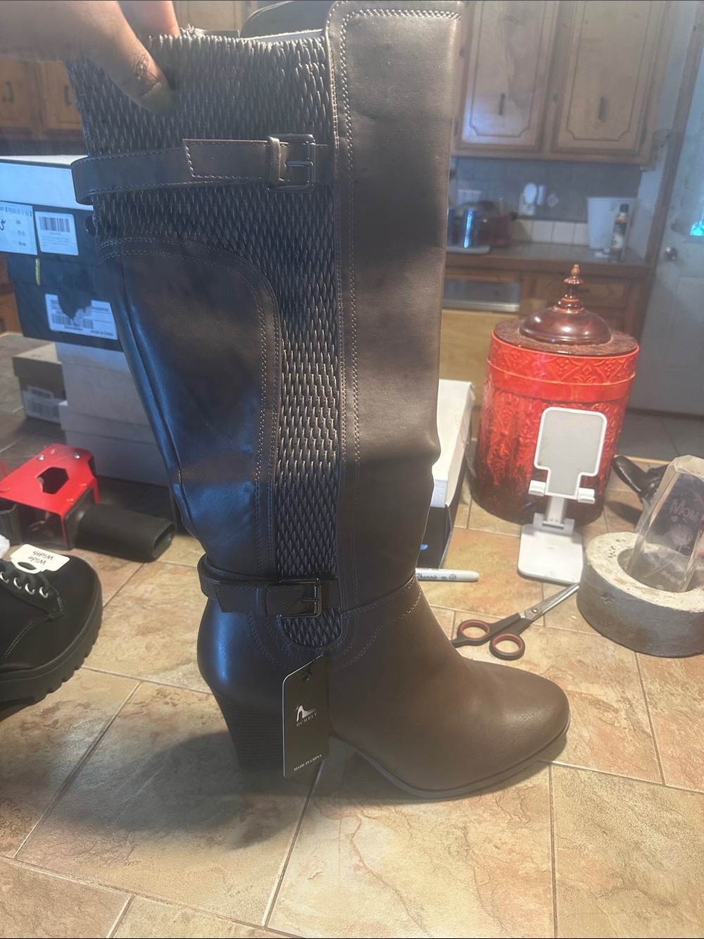 Women's Tall Brown Heeled Boots with Textured Side Panel